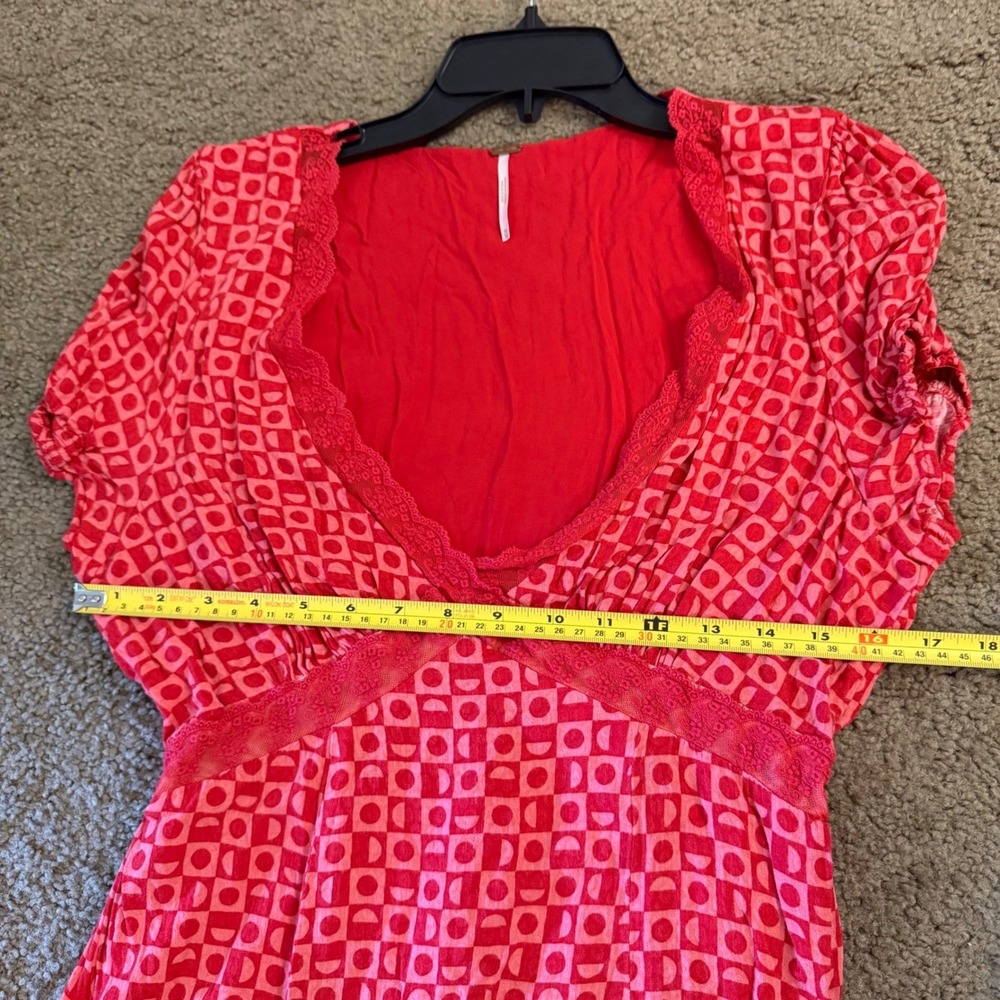 Free People Red Geometric Lace Trim V-Neck Midi Dress with Front Slit Size S - Picture 8 of 9